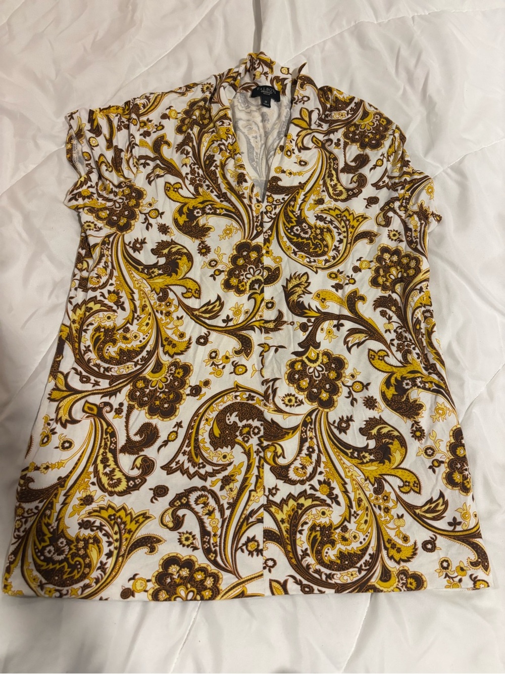 Talbots White V-Neck Blouse with Yellow & Brown Paisley size medium